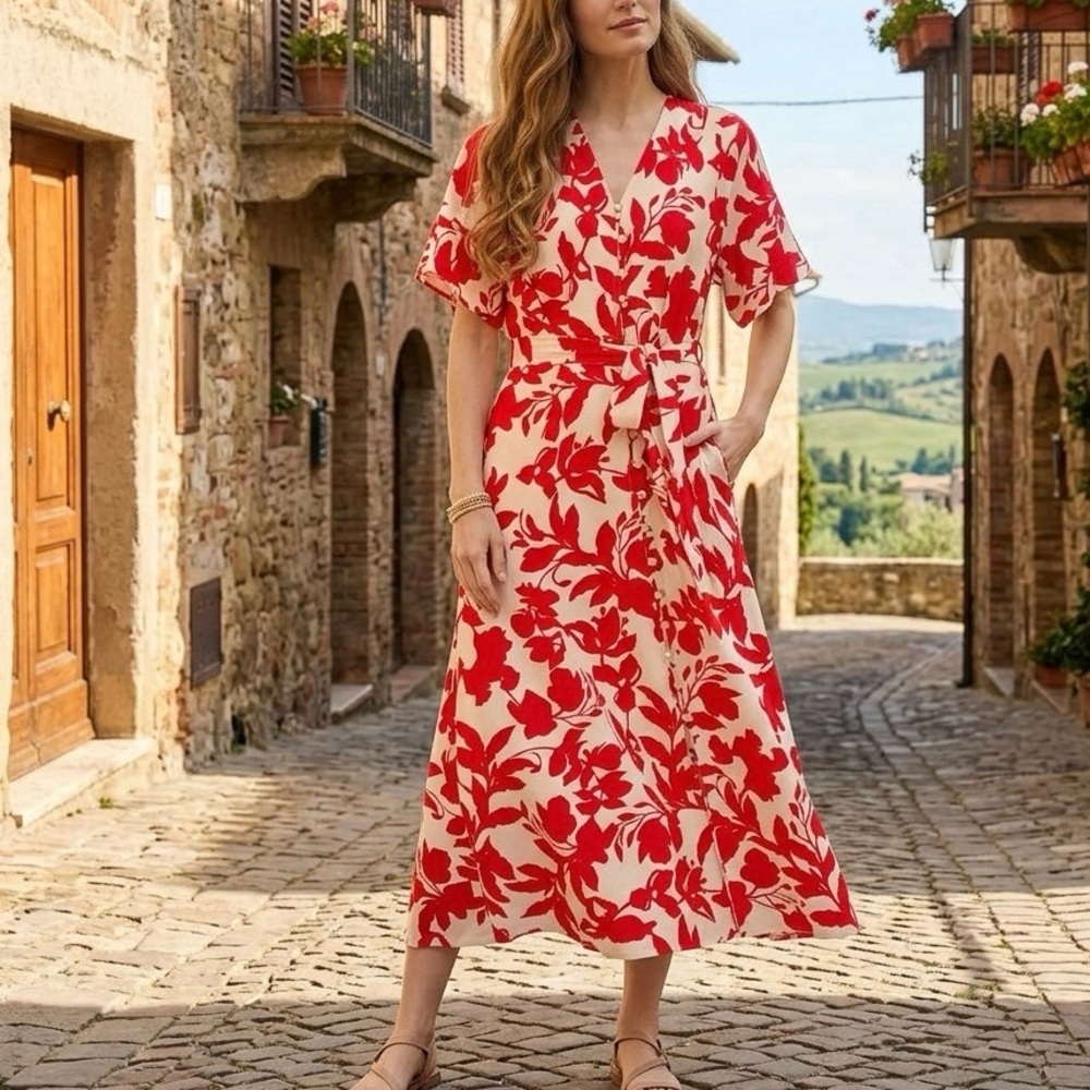 CHICO’S Floral Ruffle-Sleeved Midi Dress Size 6